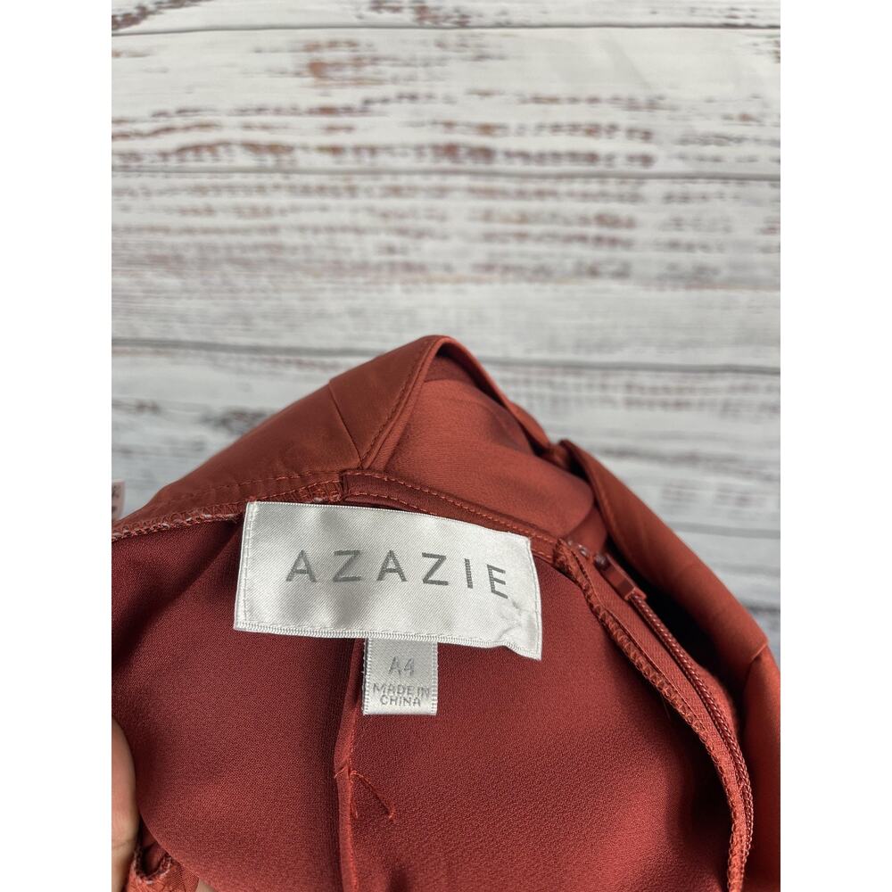 Azazie Dress Women's 4 Rust V Neck Satin Formal Bridesmaid Gown Open Back Slit - Picture 5 of 13